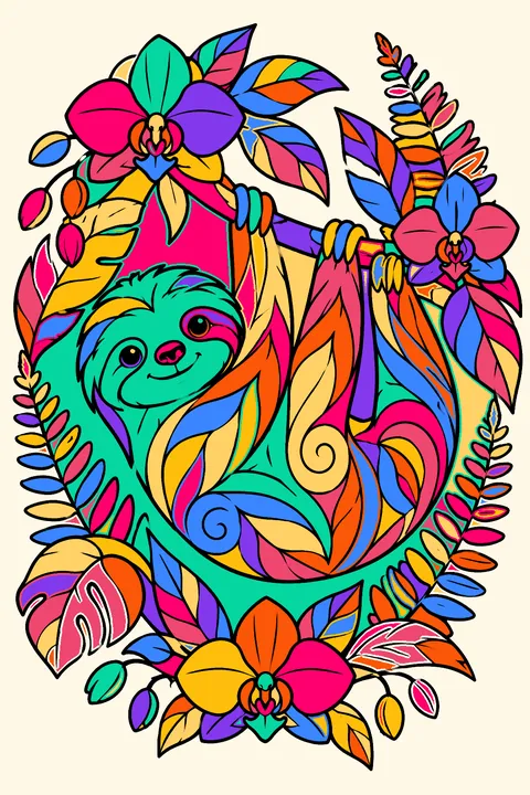 Sloth hanging inside an ornate floral wreath with detailed leaves, ferns and orchids coloring page