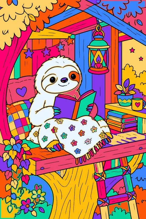 Sloth reading a book in a cozy tree house with a lantern coloring page