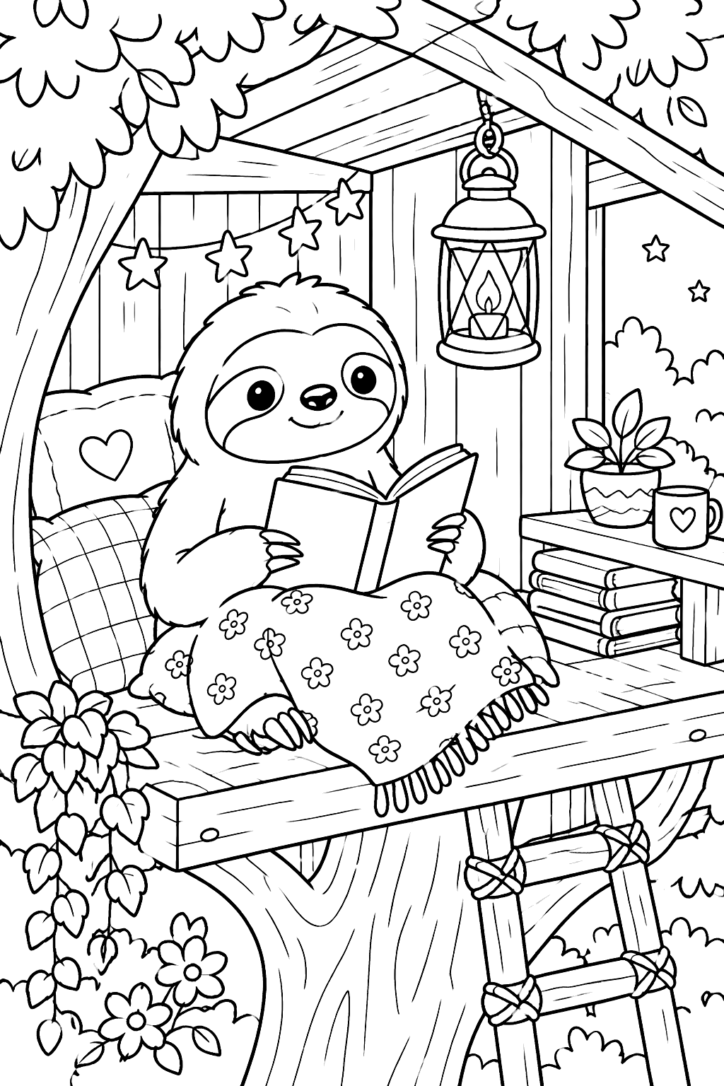 Sloth reading a book in a cozy tree house with a lantern coloring page