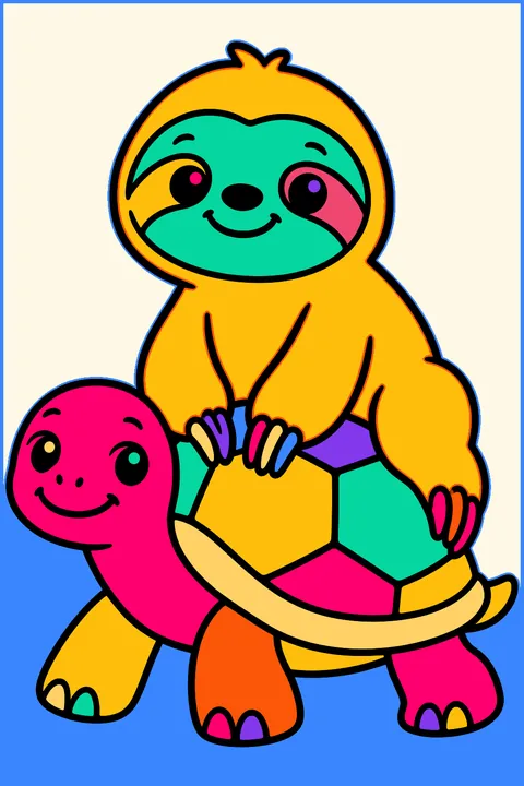 Smiling sloth riding slowly on the back of a turtle coloring page