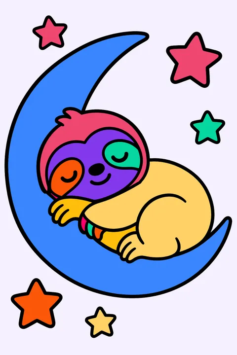 Sleepy sloth curled up on a crescent moon with stars coloring page