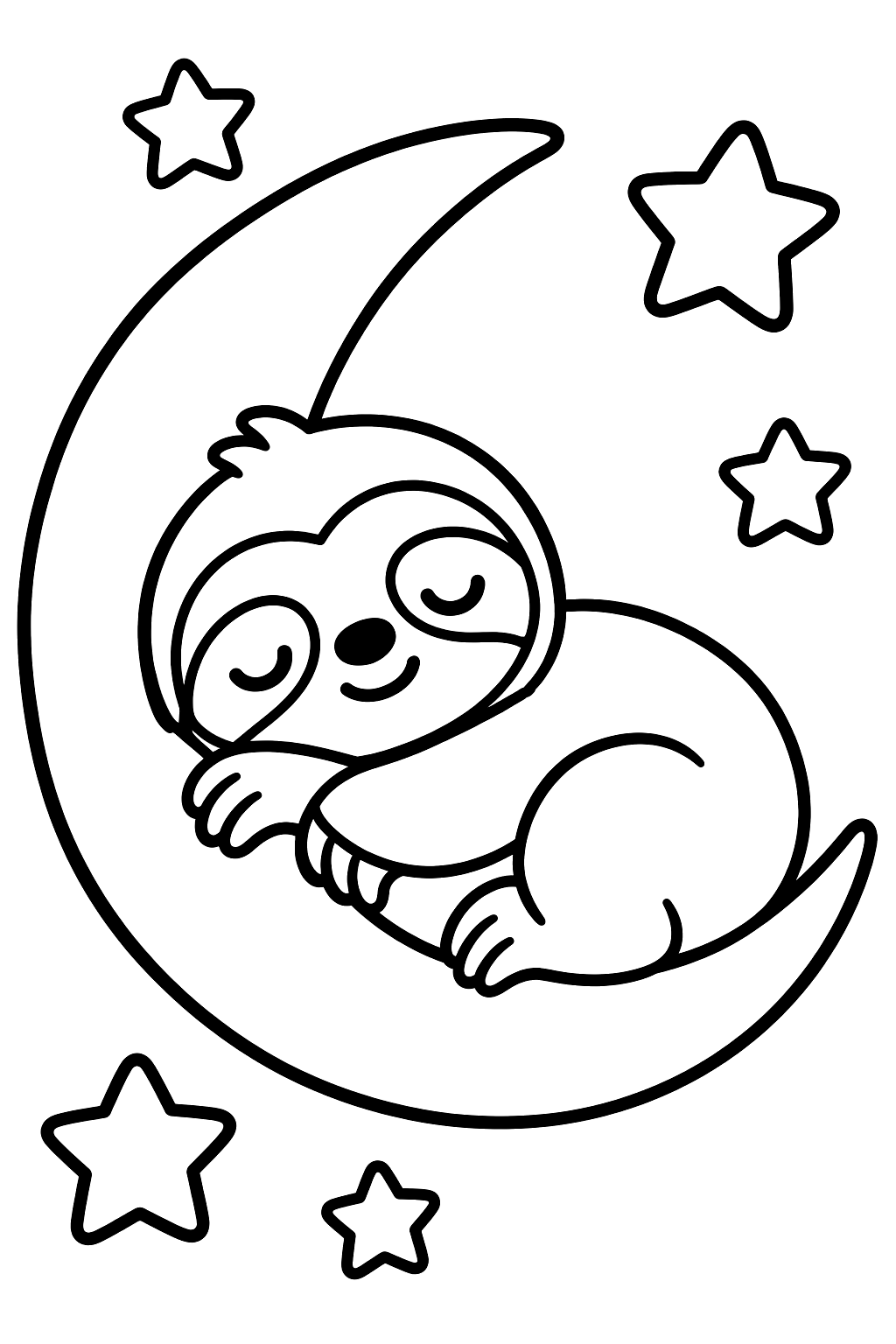 Sleepy sloth curled up on a crescent moon with stars coloring page