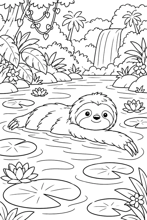 Sloth swimming slowly across a jungle river past lily pads coloring page