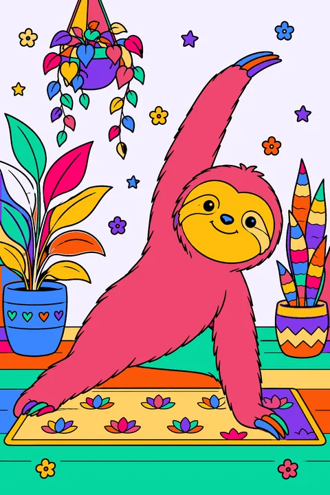 Sloth doing a slow yoga pose on a mat beside potted plants coloring page