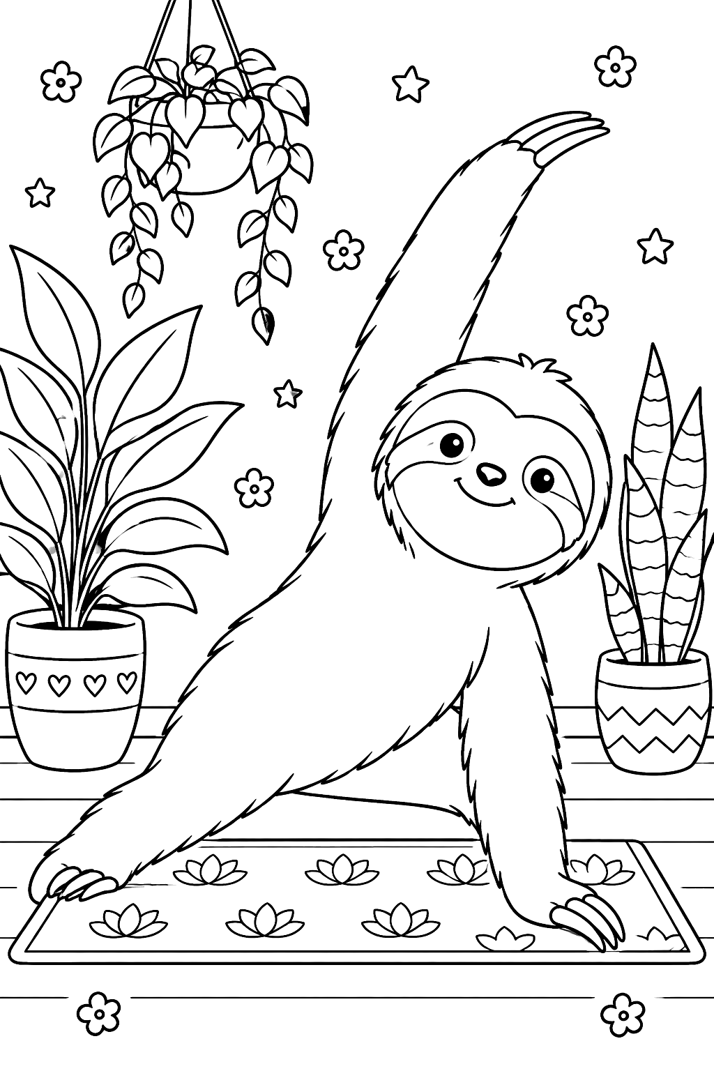 Sloth doing a slow yoga pose on a mat beside potted plants coloring page