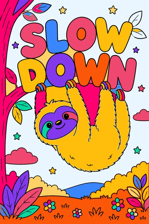 Big outline bubble letters spelling slow down with a sloth hanging from them coloring page