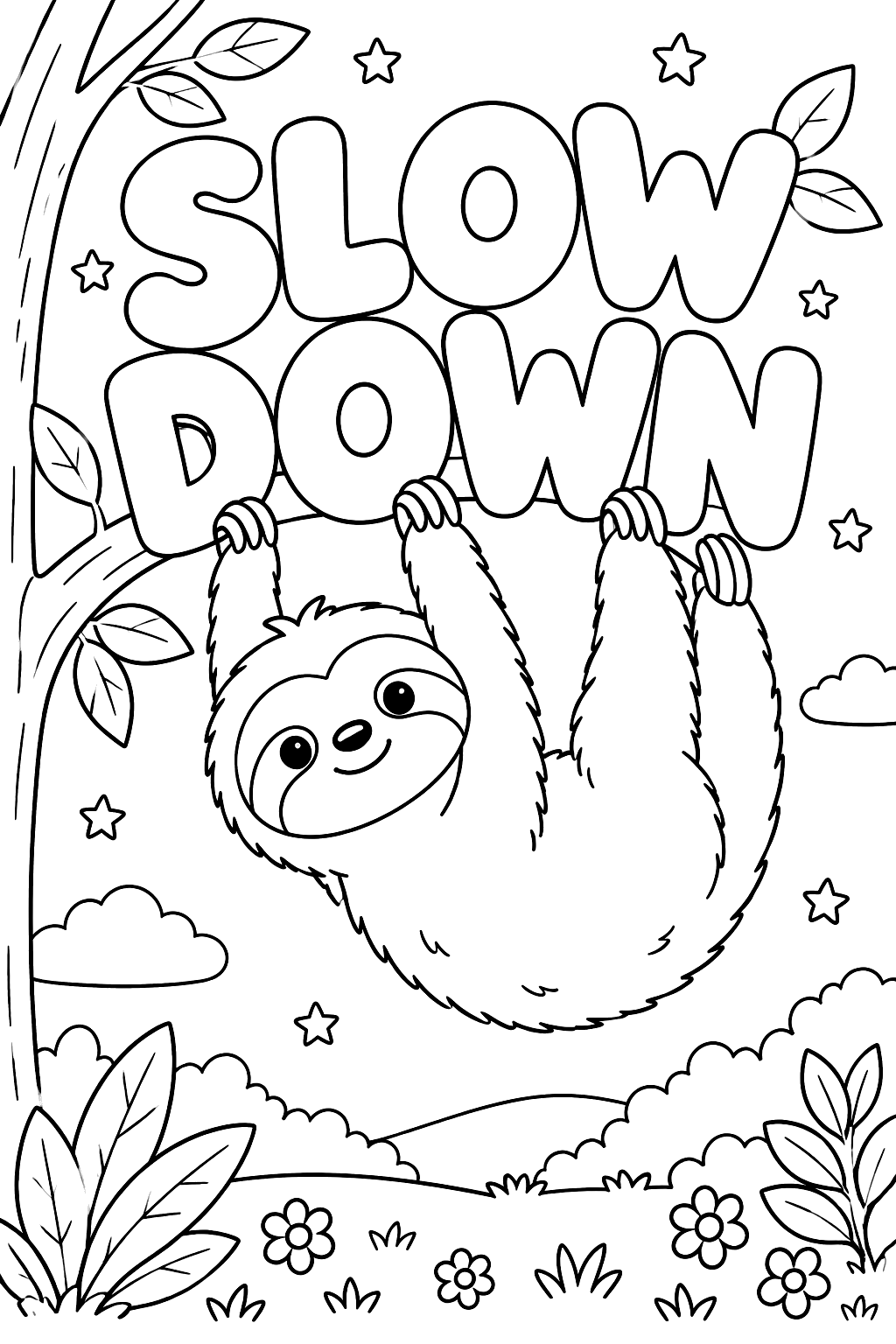 Big outline bubble letters spelling slow down with a sloth hanging from them coloring page