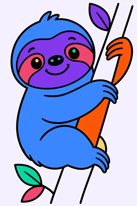 Smiling sloth hugging a tree branch with both long arms coloring page