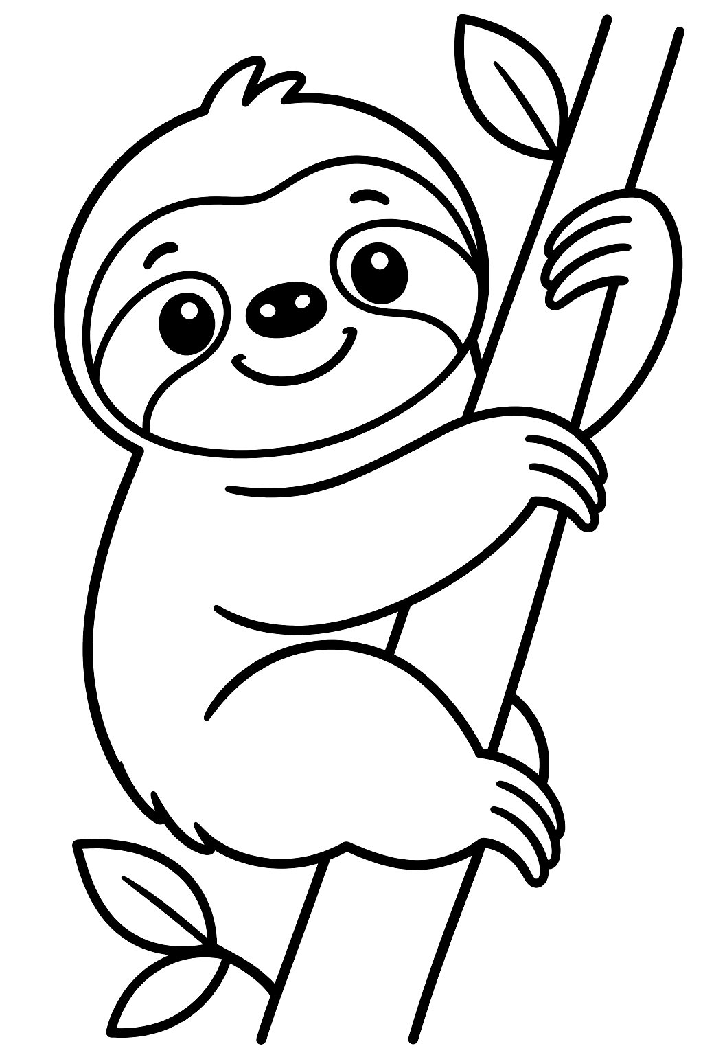 Smiling sloth hugging a tree branch with both long arms coloring page