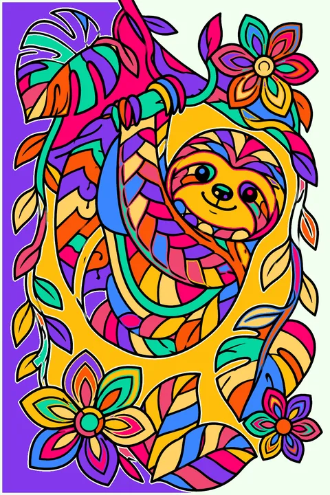 Sloth in a jungle scene with zentangle leaves, vines and patterned flowers coloring page