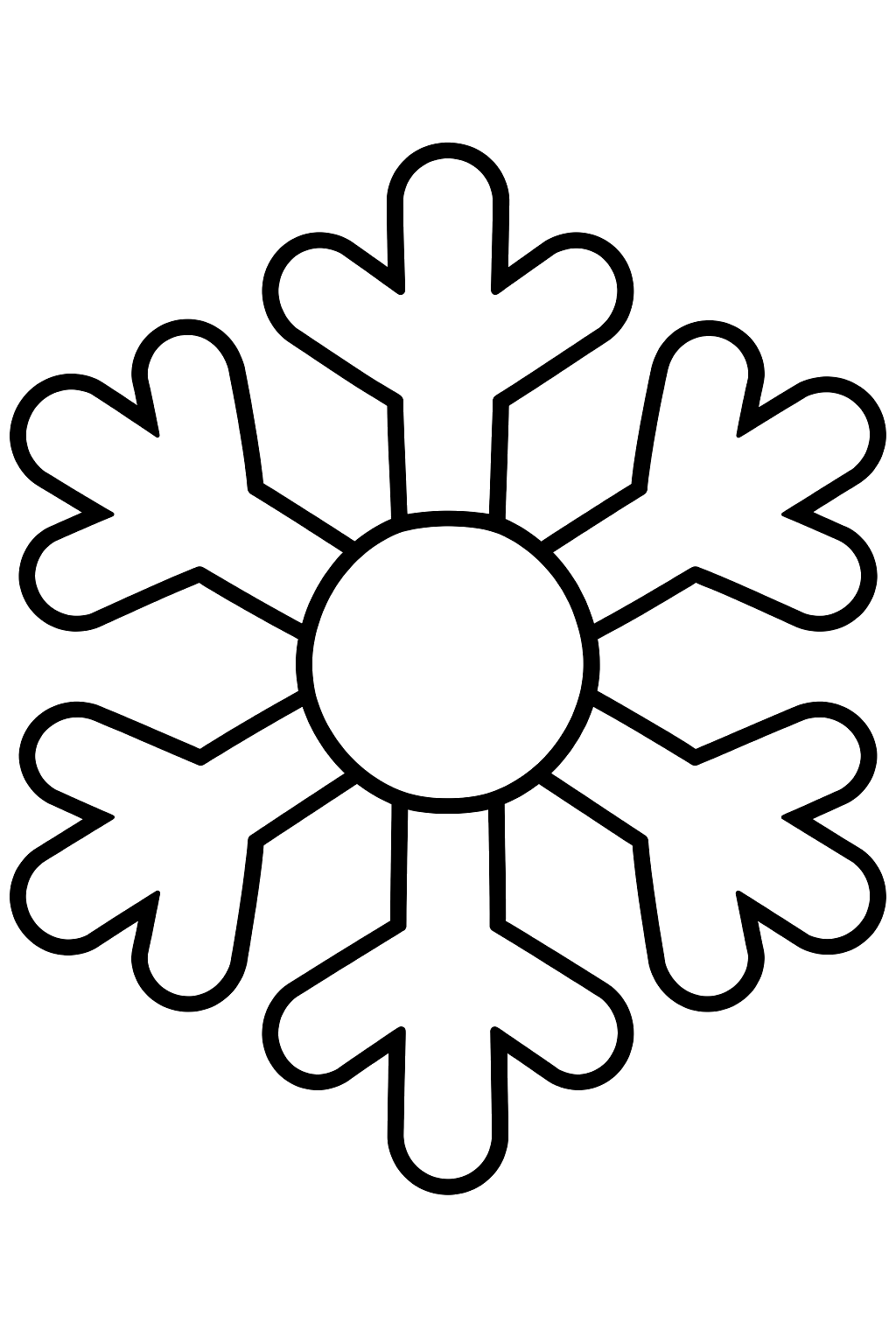 Big simple snowflake with six wide arms and a round center coloring page