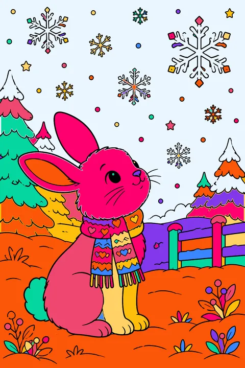Bunny in a scarf watching big snowflakes fall from the sky coloring page