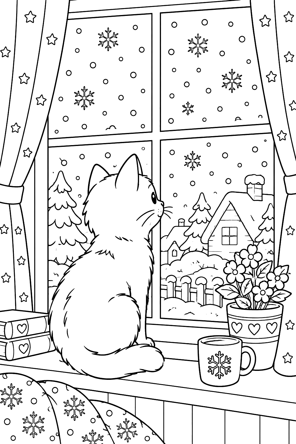 Cat sitting on a window sill watching snowflakes fall outside coloring page