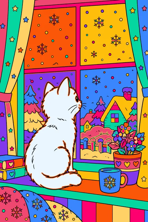 Cat sitting on a window sill watching snowflakes fall outside coloring page