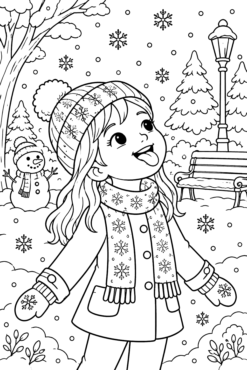 Child catching snowflakes on her tongue in a snowy park coloring page