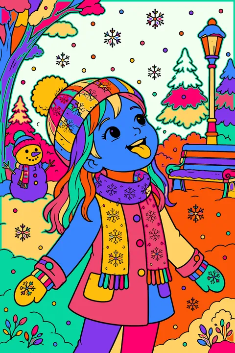 Child catching snowflakes on her tongue in a snowy park coloring page