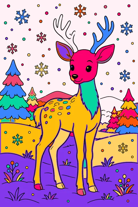 Deer standing in a snowy meadow as large snowflakes fall coloring page