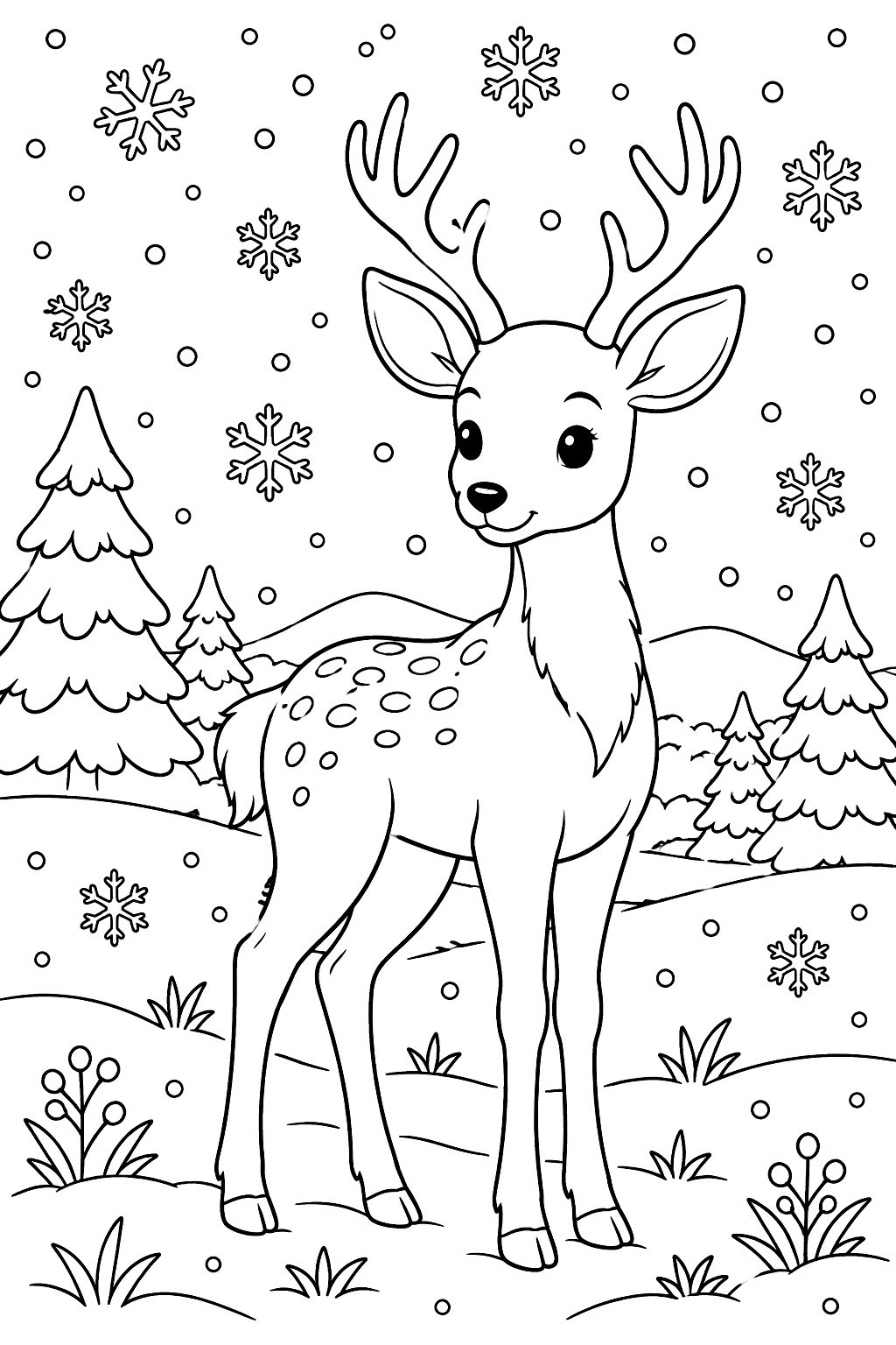 Deer standing in a snowy meadow as large snowflakes fall coloring page