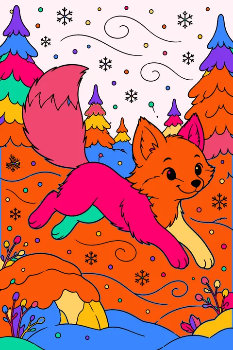 Fox jumping through a snowy forest under swirling snowflakes coloring page