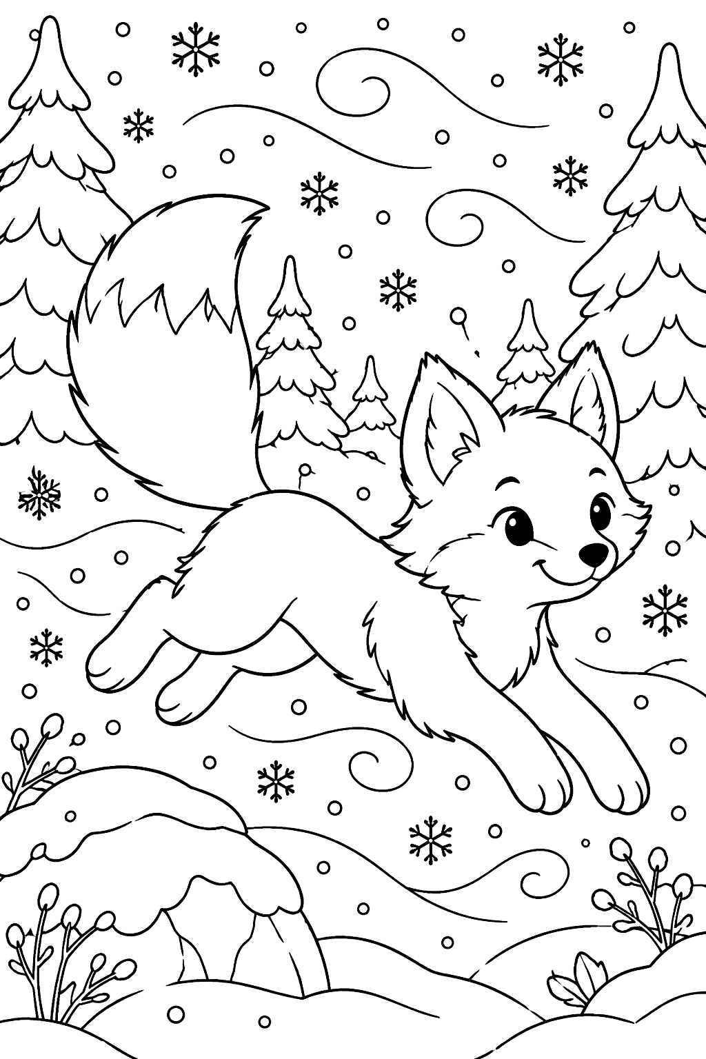 Fox jumping through a snowy forest under swirling snowflakes coloring page
