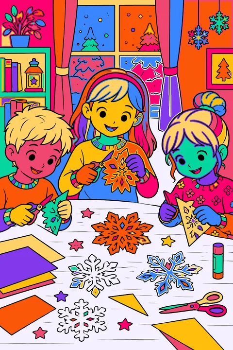 Kids cutting paper snowflakes at a table with scissors and paper coloring page