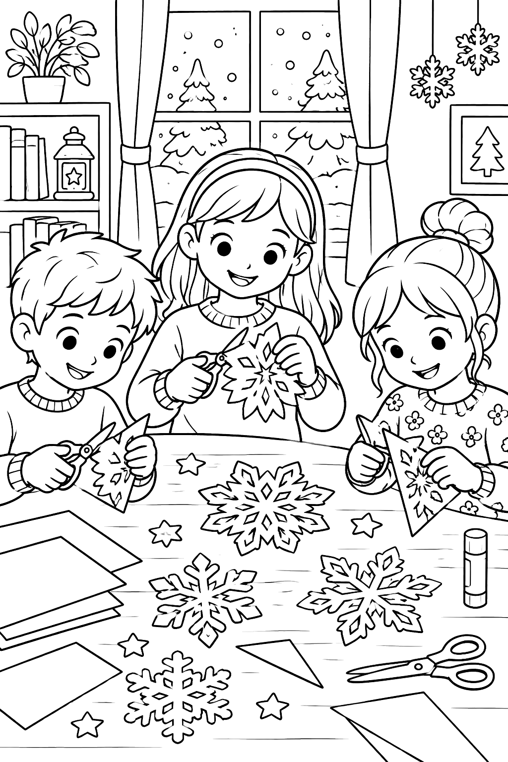 Kids cutting paper snowflakes at a table with scissors and paper coloring page