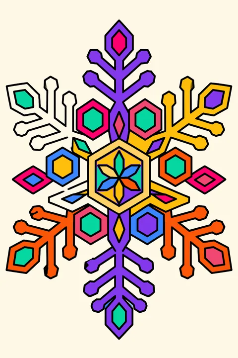 Lacy snowflake pattern with hexagons, diamonds and branching crystals coloring page