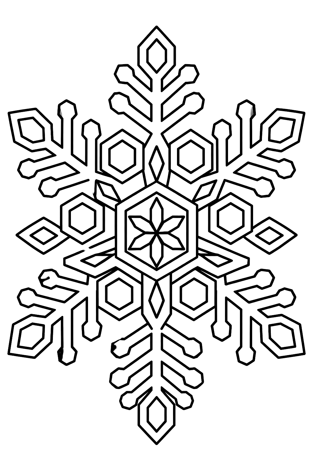 Lacy snowflake pattern with hexagons, diamonds and branching crystals coloring page