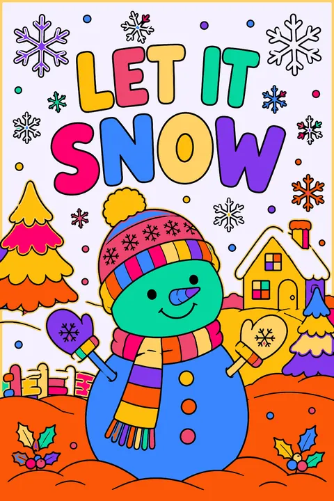 Big outline letters spelling let it snow with snowflakes around them coloring page