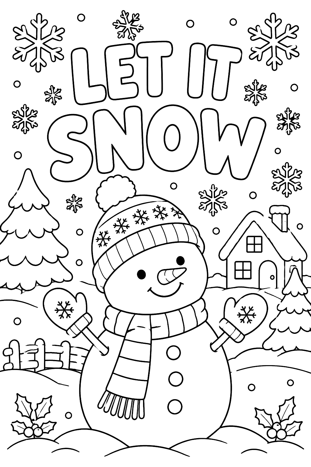 Big outline letters spelling let it snow with snowflakes around them coloring page