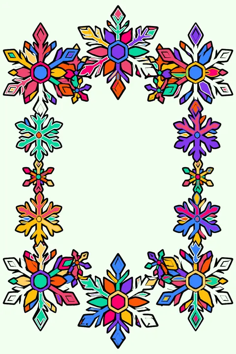 Ornate frame of interlocking snowflakes with intricate crystal patterns coloring page