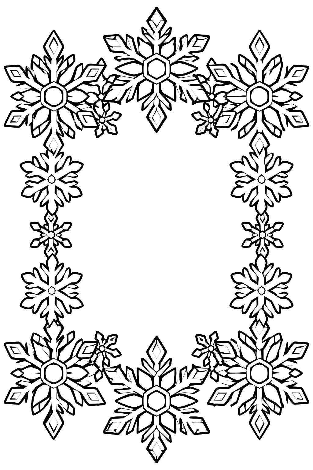 Ornate frame of interlocking snowflakes with intricate crystal patterns coloring page
