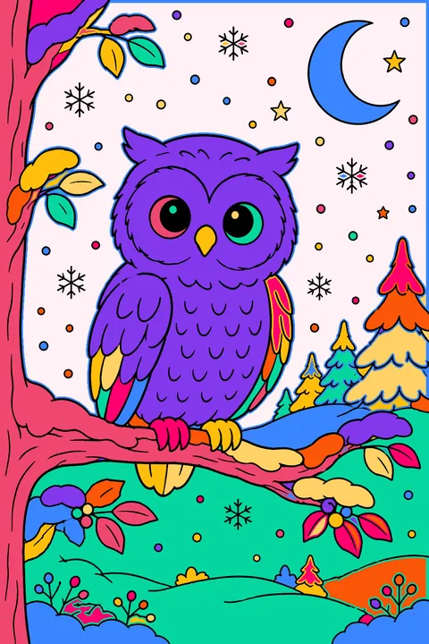 Owl perched on a branch as snowflakes drift down at night coloring page