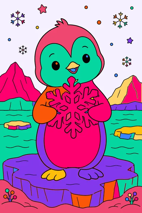 Penguin holding a giant snowflake in its flippers on the ice coloring page