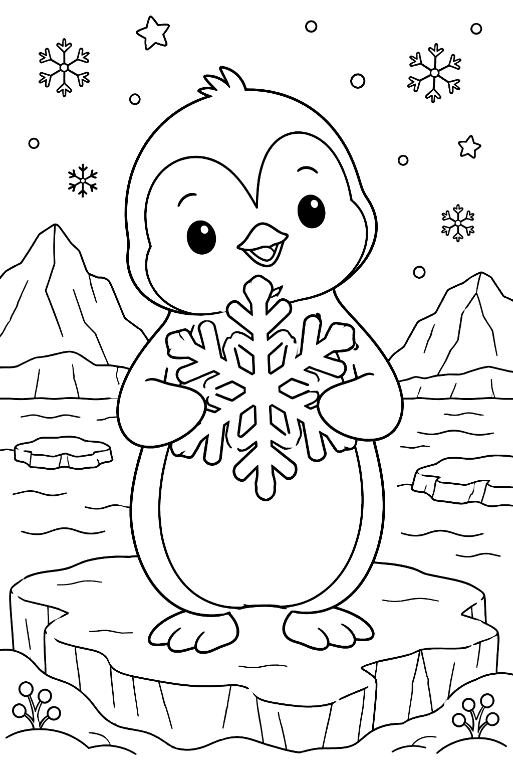 Penguin holding a giant snowflake in its flippers on the ice coloring page