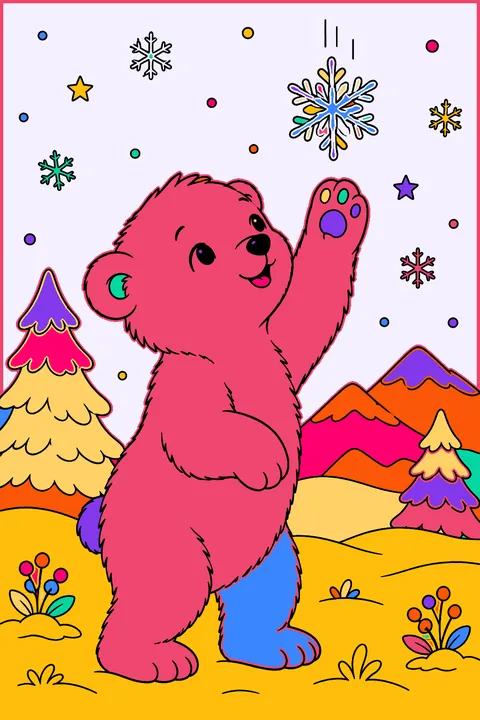Polar bear cub reaching up to touch a falling snowflake coloring page