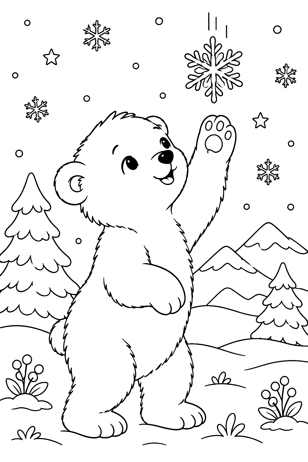Polar bear cub reaching up to touch a falling snowflake coloring page