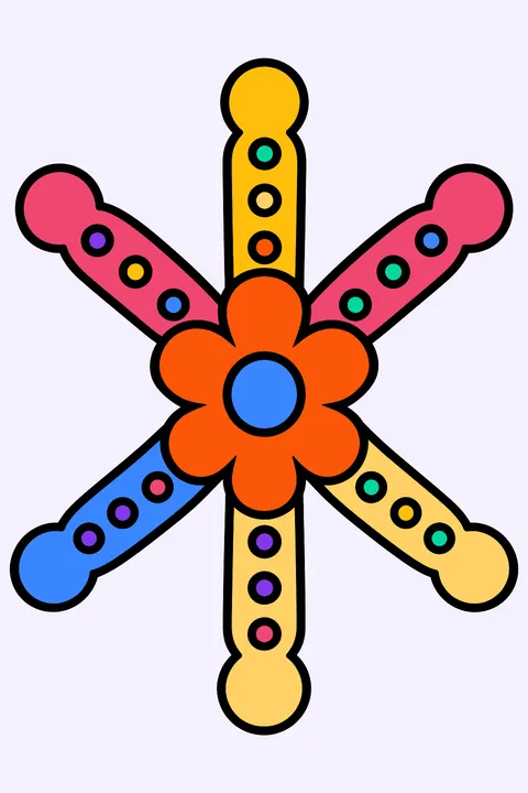 Round snowflake with dotted arms and a flower center coloring page