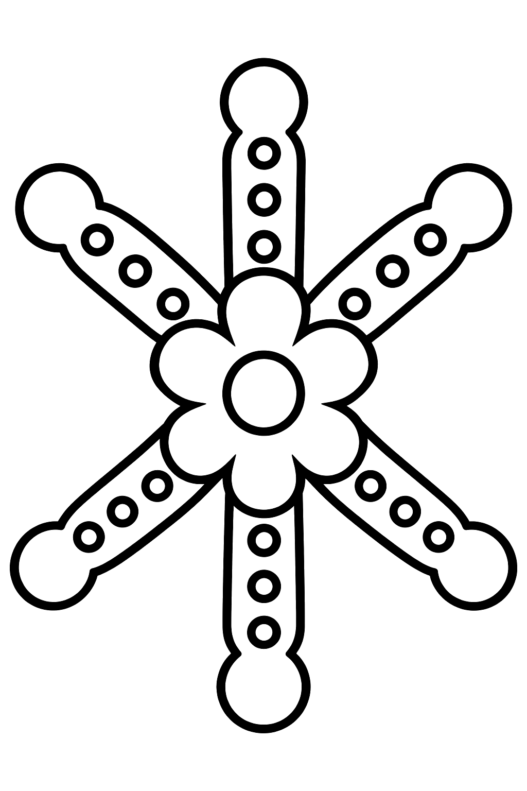Round snowflake with dotted arms and a flower center coloring page