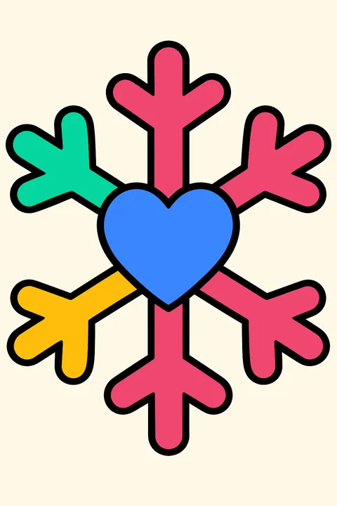 Snowflake with a heart in the middle and six pointed arms coloring page