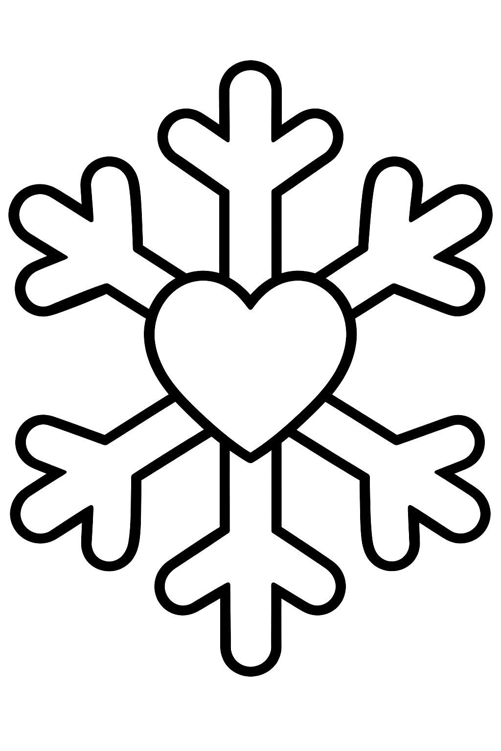 Snowflake with a heart in the middle and six pointed arms coloring page