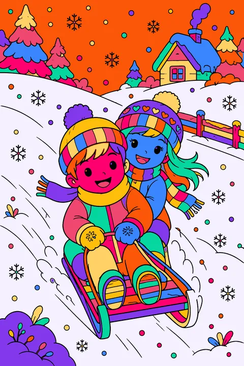 Kids sledding down a hill as snowflakes swirl around them coloring page