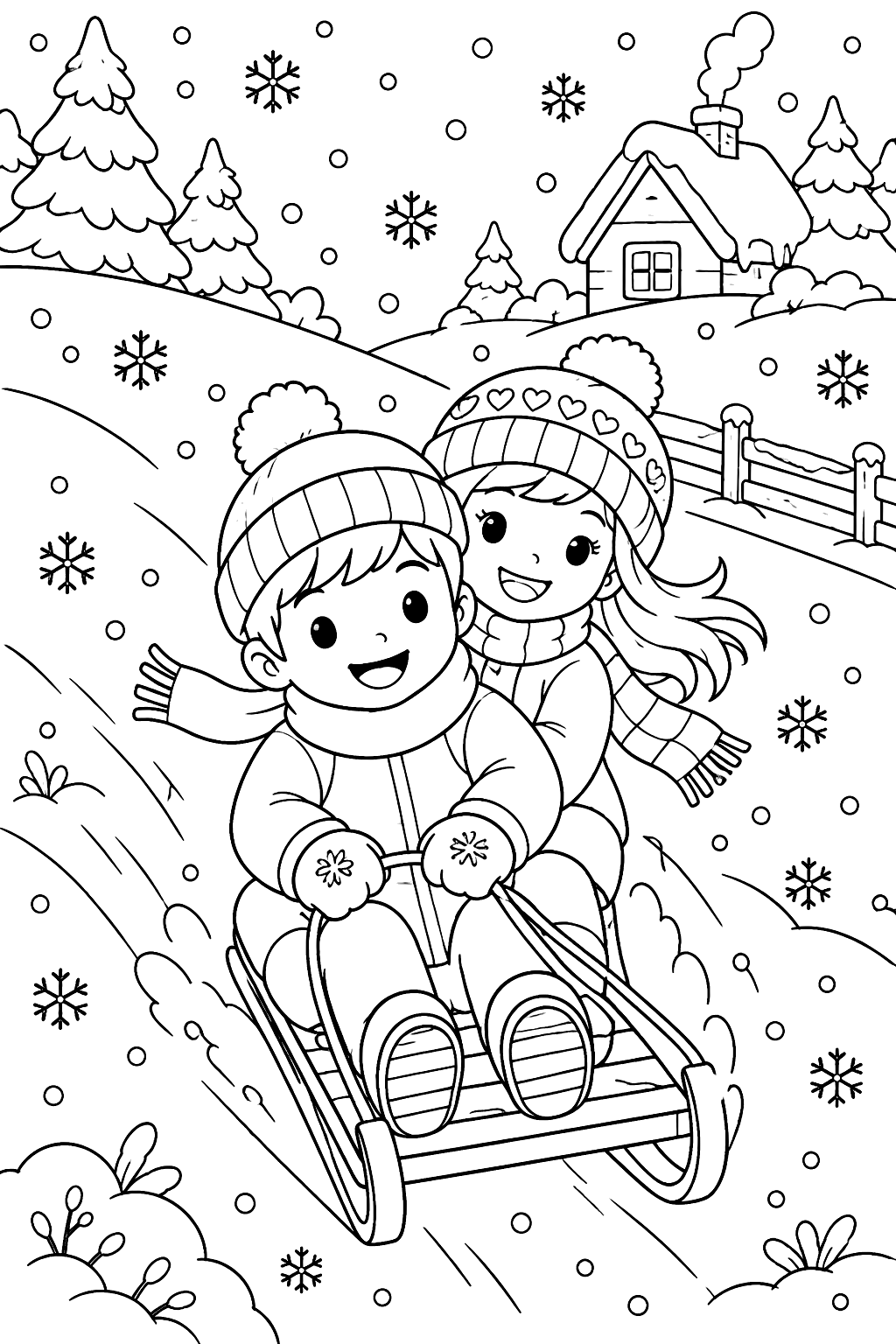 Kids sledding down a hill as snowflakes swirl around them coloring page