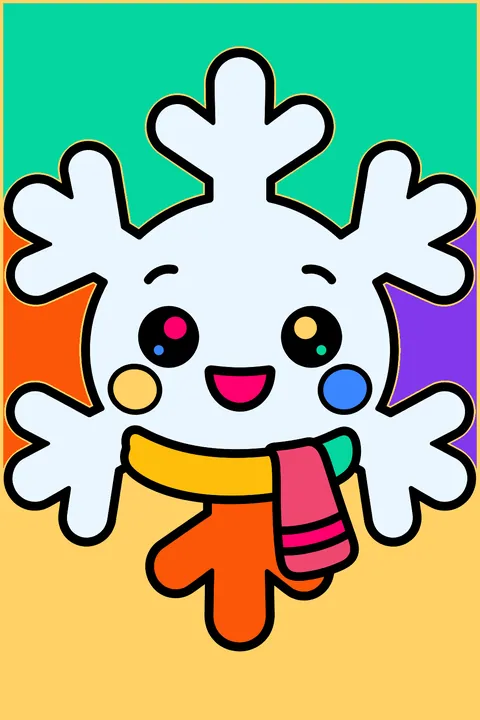 Smiling snowflake character with rosy cheeks and a tiny scarf coloring page