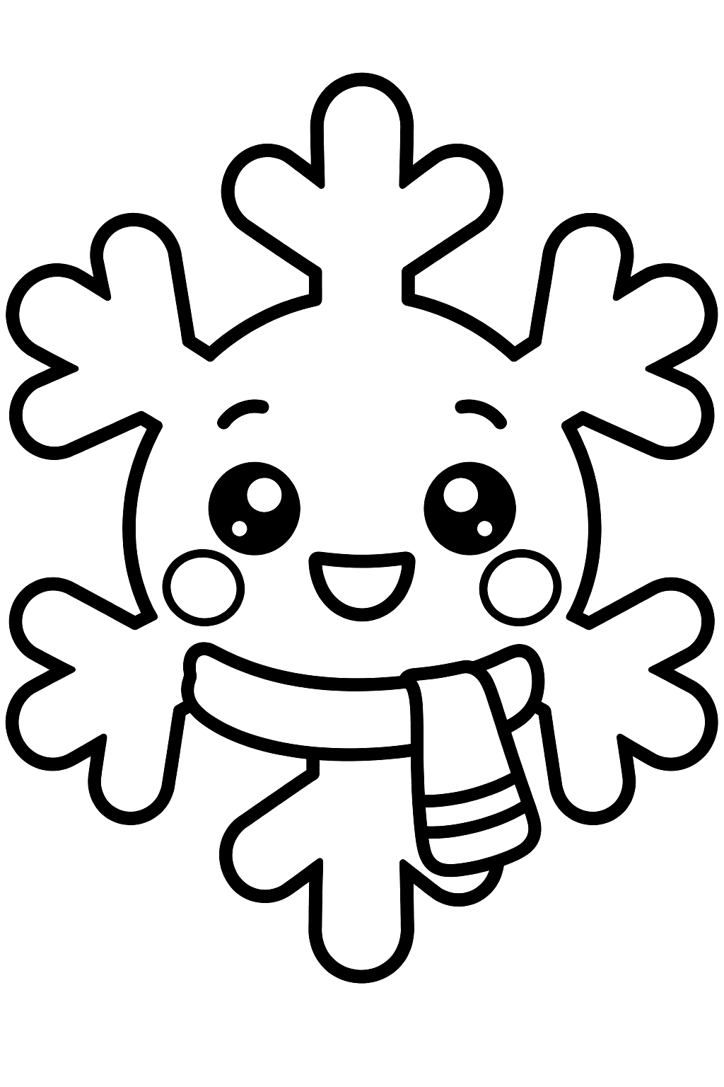 Smiling snowflake character with rosy cheeks and a tiny scarf coloring page