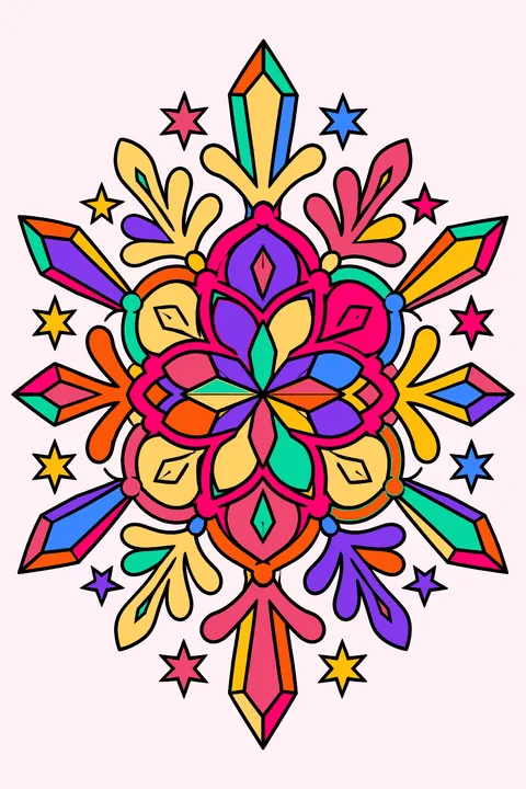 Snowflake mandala with layered lace patterns, crystals and tiny stars coloring page