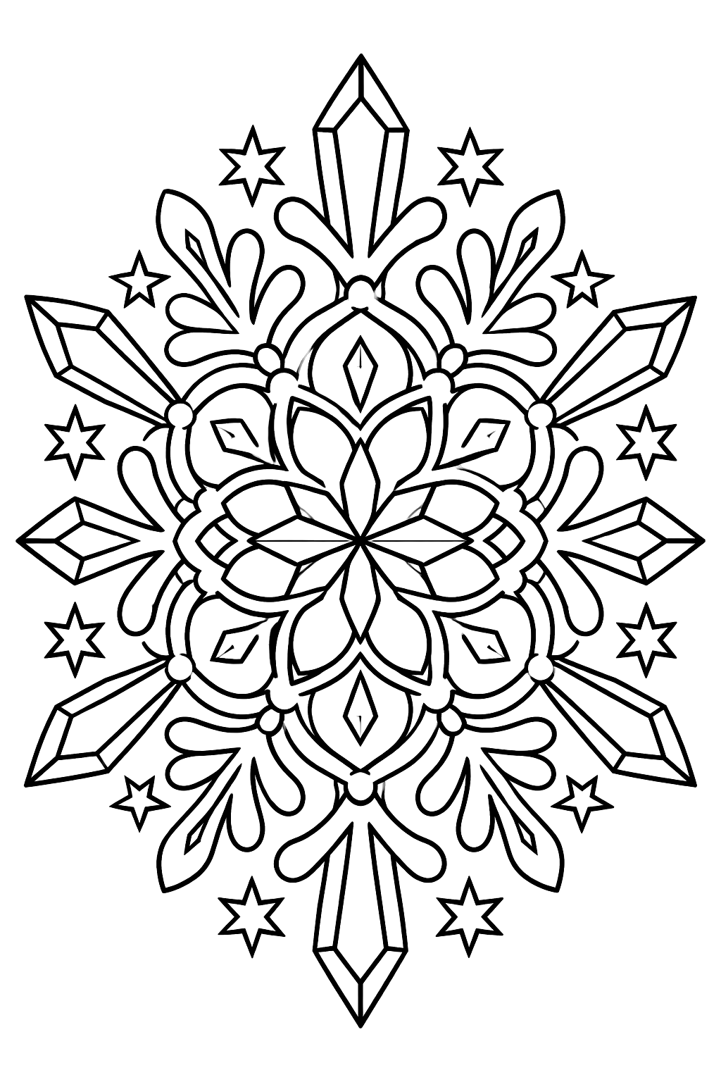 Snowflake mandala with layered lace patterns, crystals and tiny stars coloring page