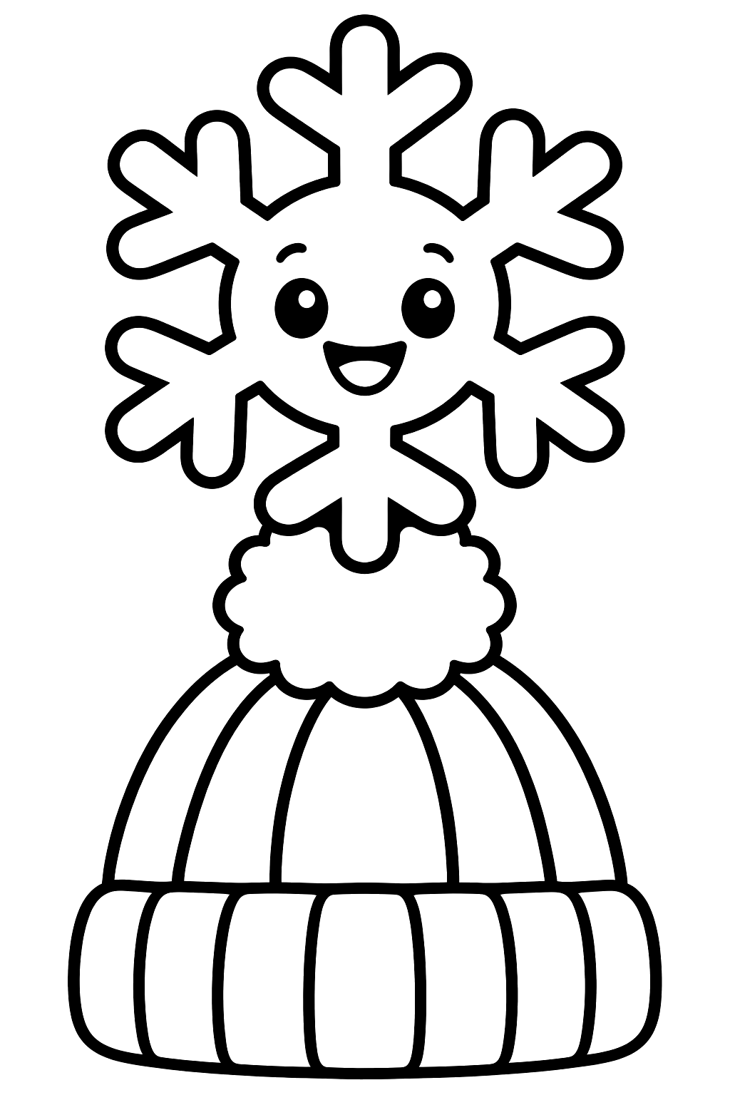 Giant snowflake resting on top of a knit pom pom hat coloring page