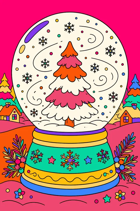 Snow globe with a pine tree and swirling snowflakes inside coloring page