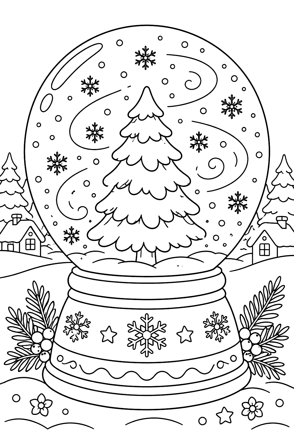 Snow globe with a pine tree and swirling snowflakes inside coloring page